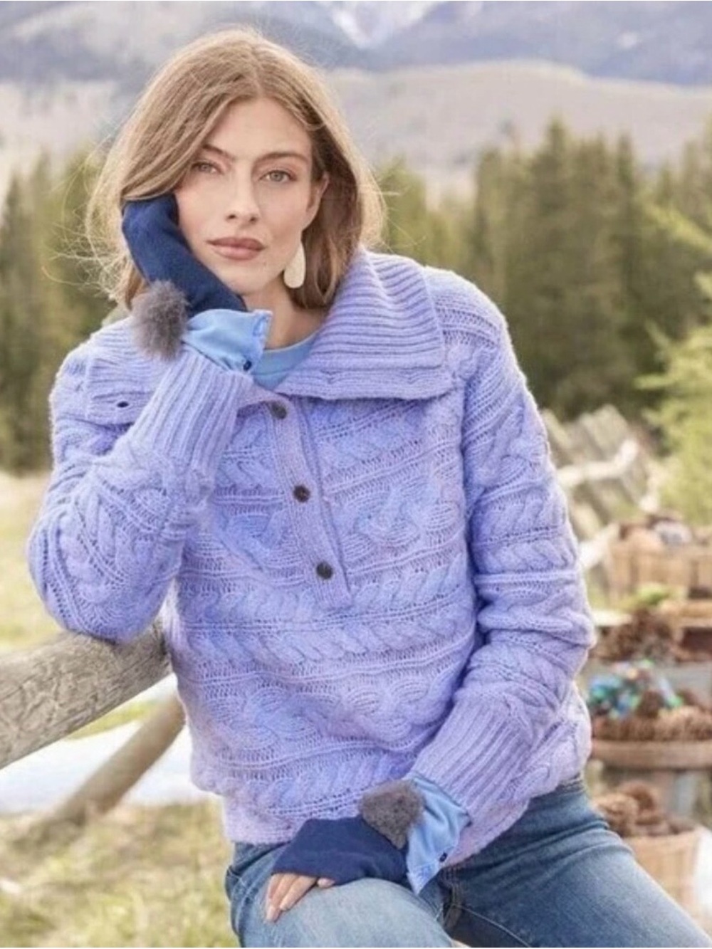 Sundance Wool Blend Classic Cable Knit Pullover Sweater Marled Light Lavender M